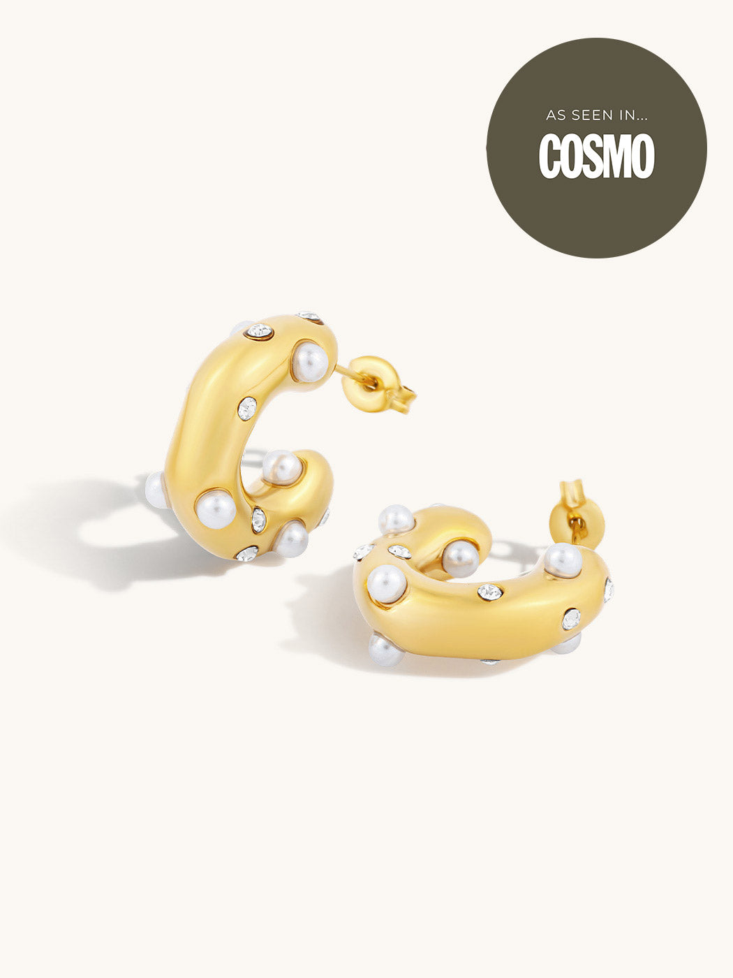 gold organic shaped hoops with pearl and cubiz zirconia studs