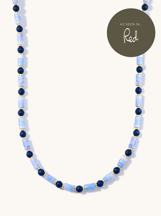 beaded necklace with blue agate and lapis gemstones