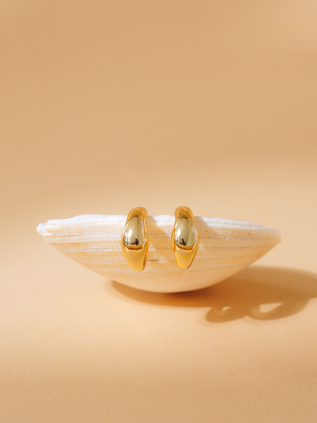 A pair of polished gold hoop earrings displayed on a white clam shell against a warm beige background.