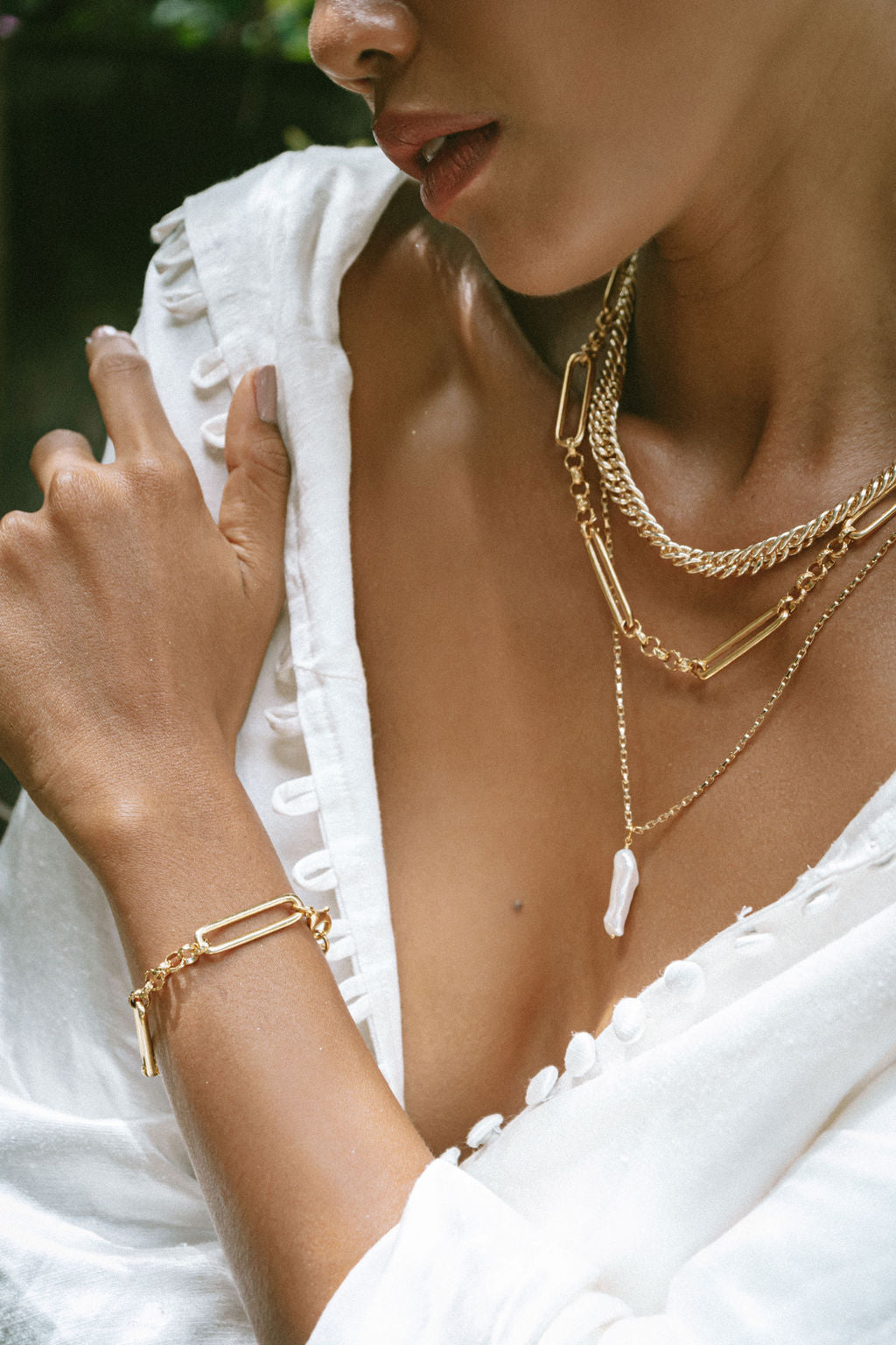 freshwater pearl and layered gold jewellery