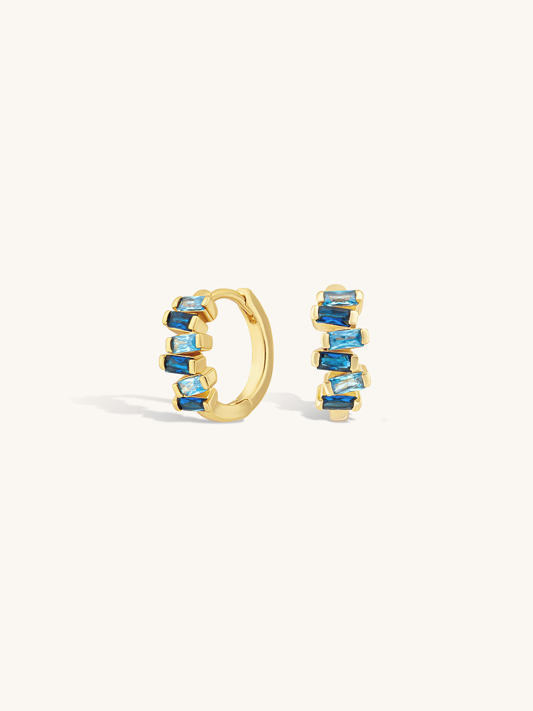 delicate huggies with stacked small geometric sapphire stones