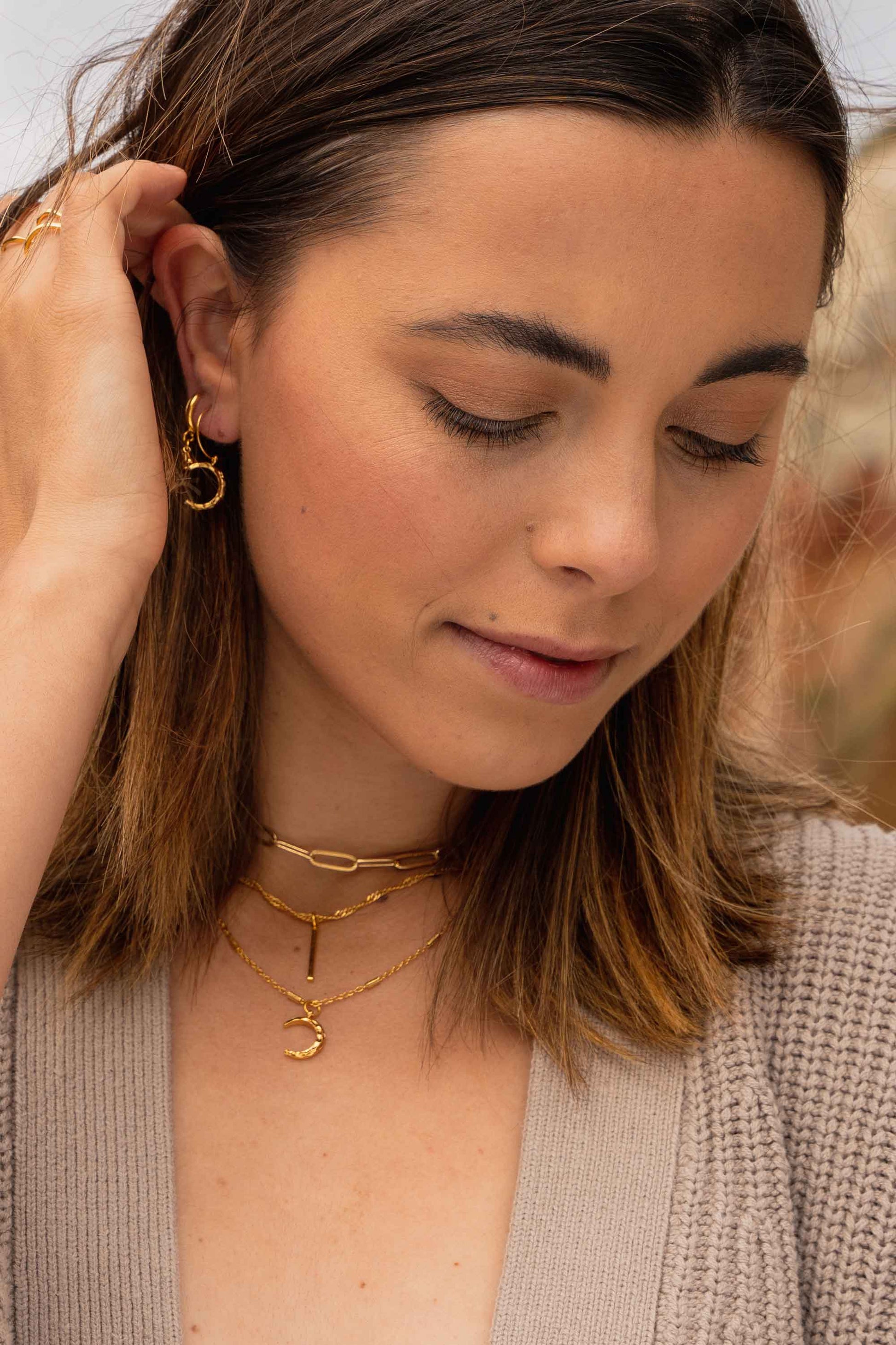 hammered-gold-textured-moon-pendant-gold-hoops-3